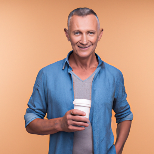 תמונה של גבר בגיל העמידה מחייך ומחזיק כוס קפה ביד אחת, מראה את החשיבות של שינויים באורח החיים בפתרון בעיות זיקפה